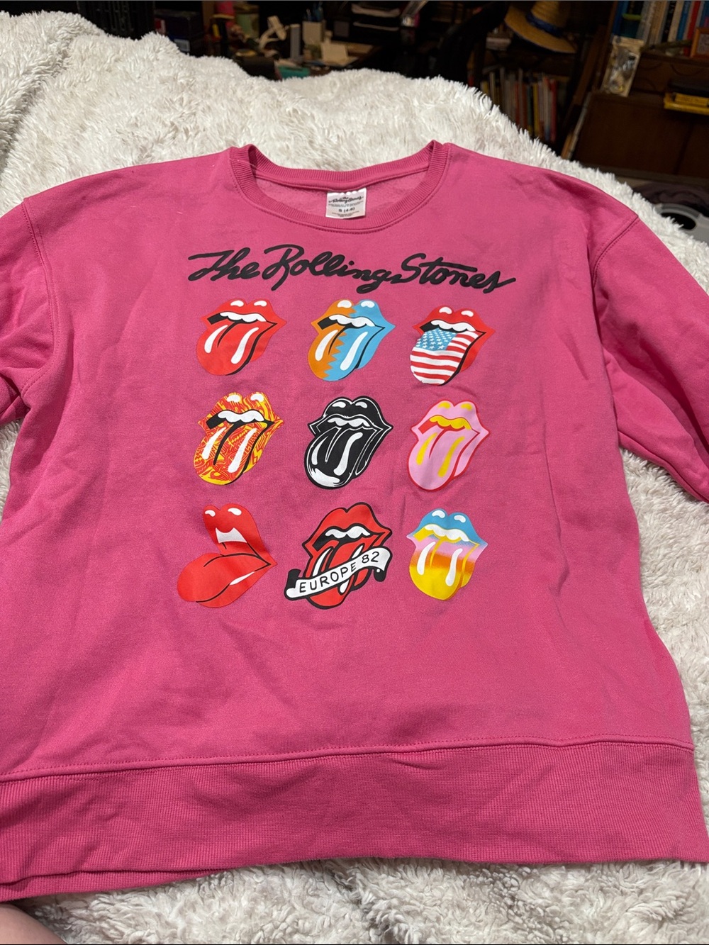 the Rolling Stones Junior’s Pink Crewneck Sweatshirt with Multi-Logo Tongues